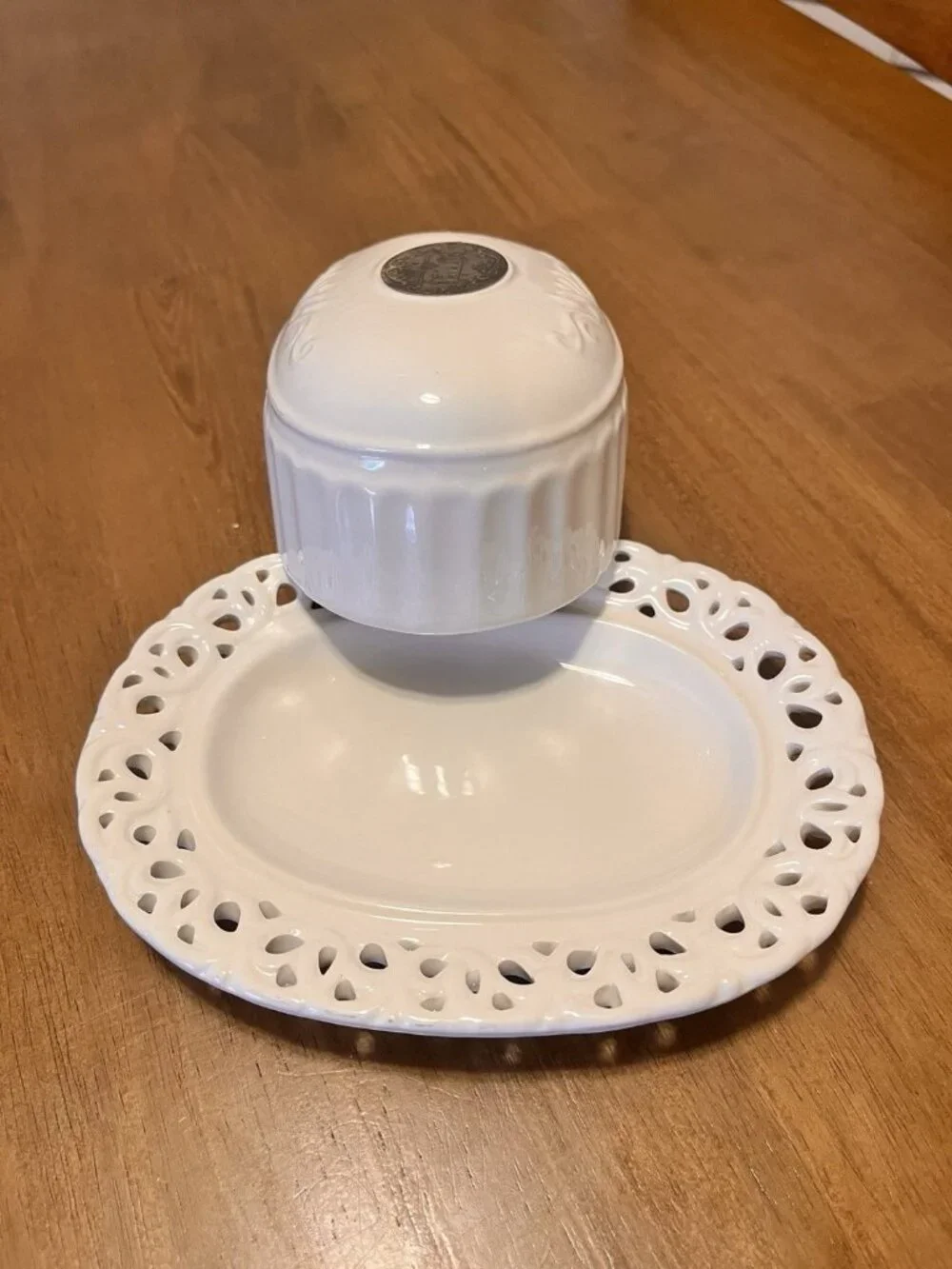 Vintage THL French Cottage Oval Butter Dish with Bronze Badge & Lattice Edging